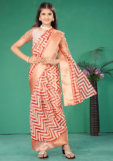 Orange Embellished And Sequined Poly Blend Saree Set For Girls