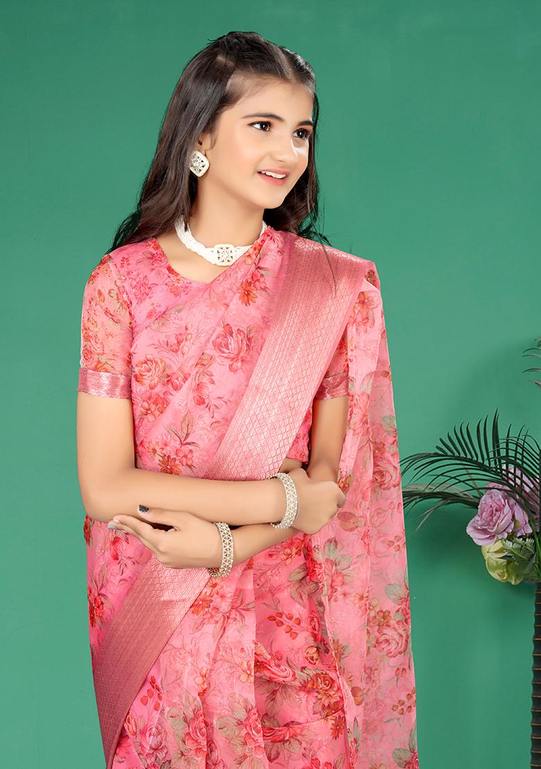 Pink Embellished And Sequined Poly Blend Saree Set For Girls