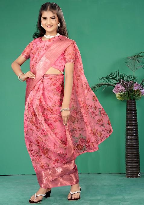 Pink Embellished And Sequined Poly Blend Saree Set For Girls