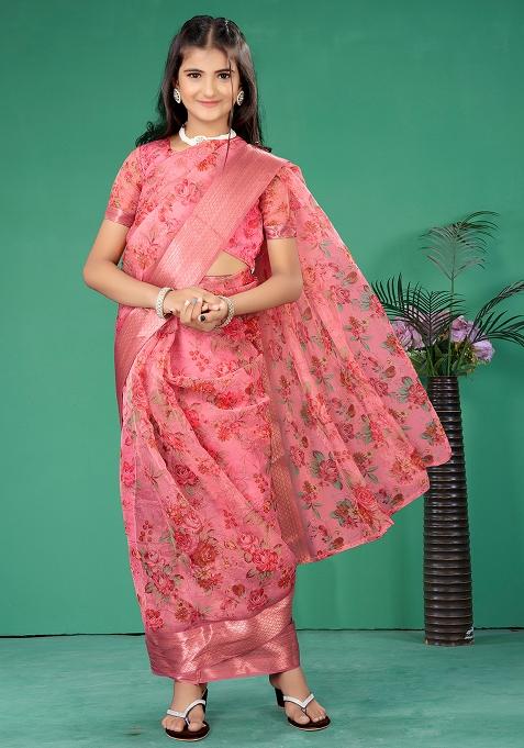 Pink Embellished And Sequined Poly Blend Saree Set For Girls