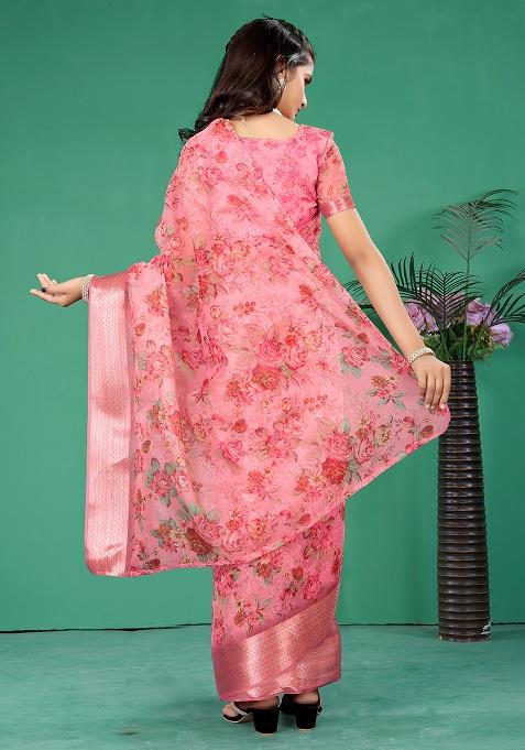 Pink Embellished And Sequined Poly Blend Saree Set For Girls