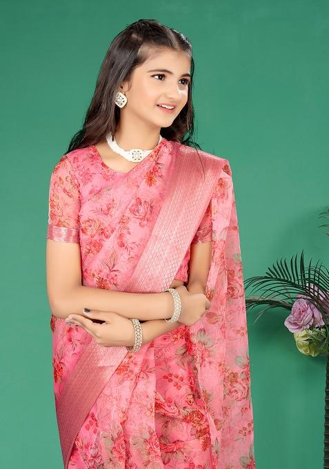 Pink Embellished And Sequined Poly Blend Saree Set For Girls