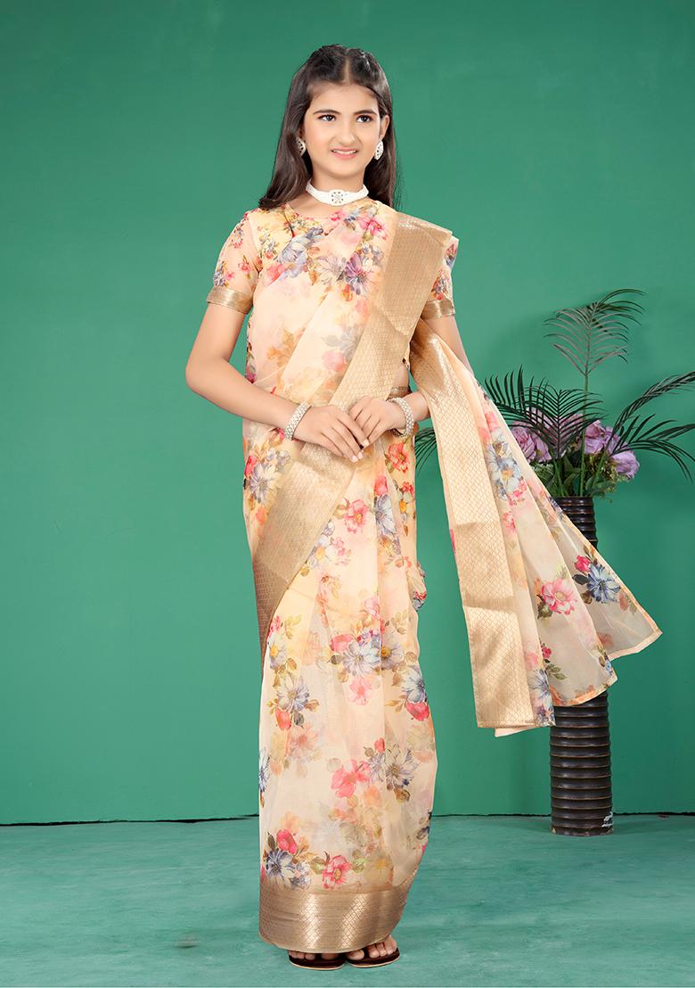 Yellow Embellished And Sequined Poly Blend Saree Set For Girls