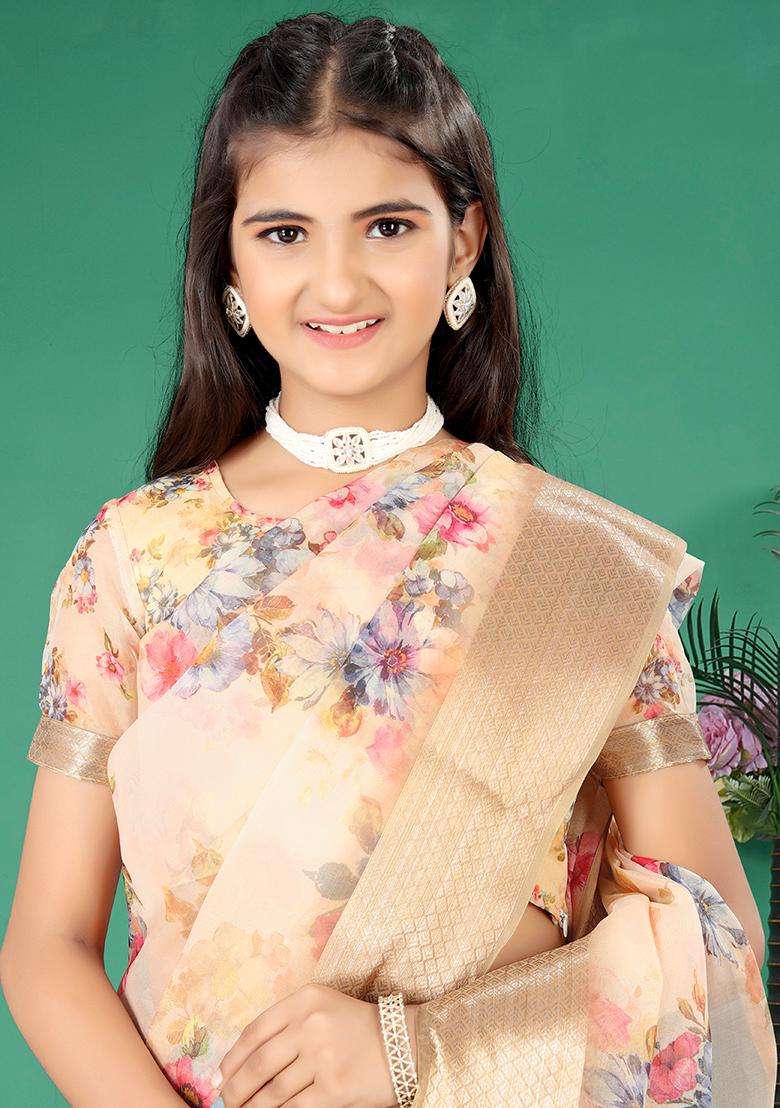 Yellow Embellished And Sequined Poly Blend Saree Set For Girls