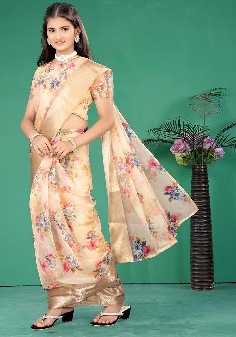 Yellow Embellished And Sequined Poly Blend Saree Set For Girls