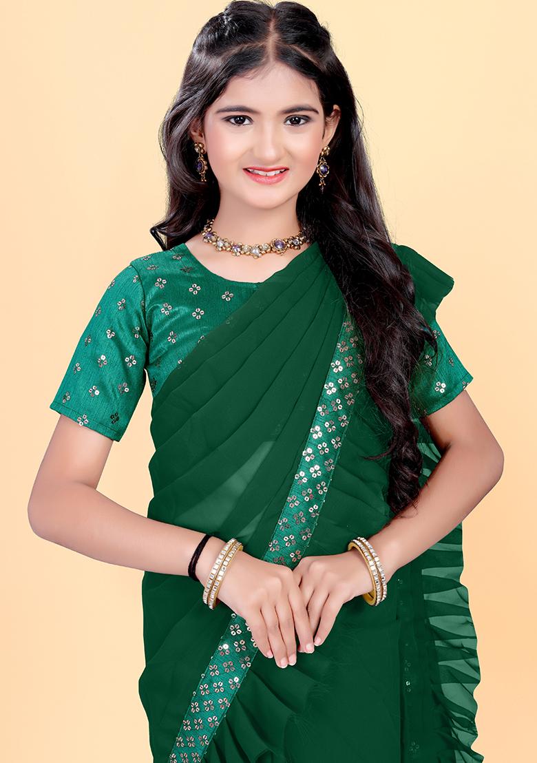 Green Embellished And Sequined Poly Blend Saree Set For Girls