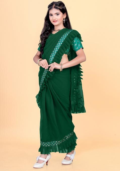 Green Embellished And Sequined Poly Blend Saree Set For Girls