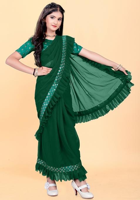 Green Embellished And Sequined Poly Blend Saree Set For Girls