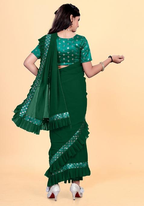 Green Embellished And Sequined Poly Blend Saree Set For Girls