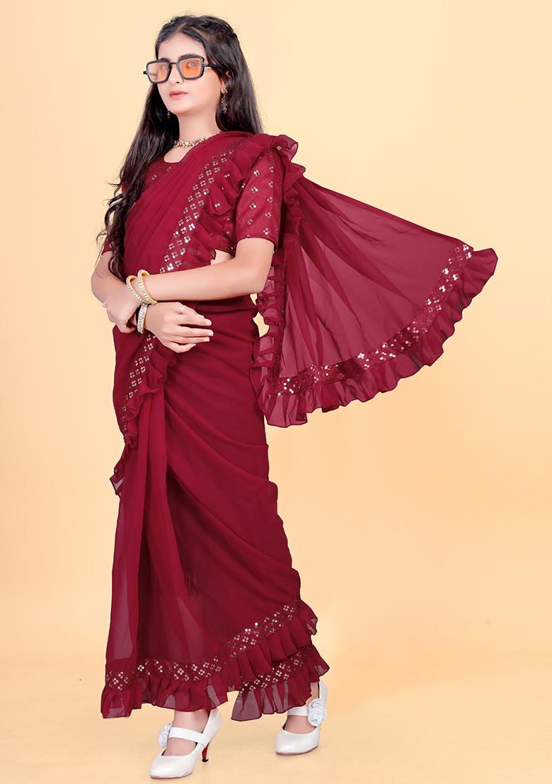 Maroon Embellished And Sequined Poly Blend Saree Set For Girls