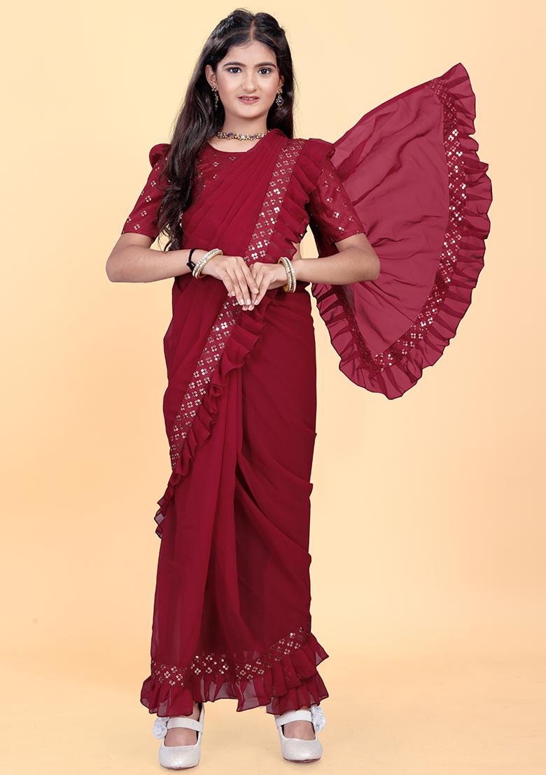 Maroon Embellished And Sequined Poly Blend Saree Set For Girls
