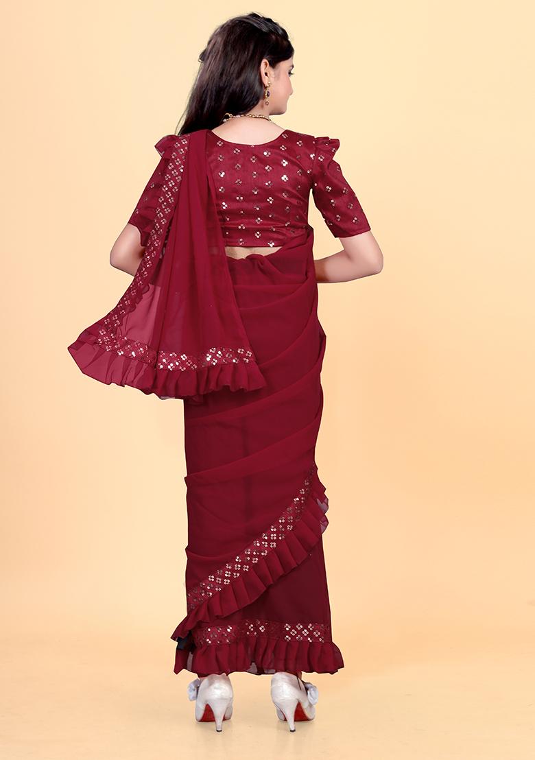 Maroon Embellished And Sequined Poly Blend Saree Set For Girls