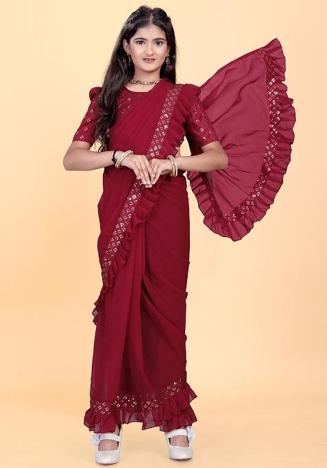 Maroon Embellished And Sequined Poly Blend Saree Set For Girls