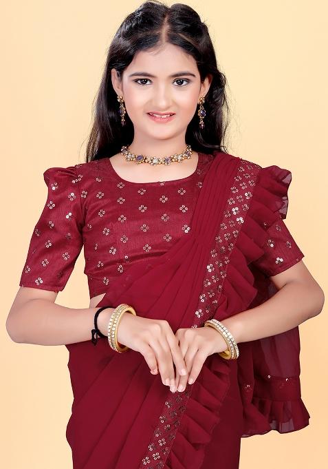 Maroon Embellished And Sequined Poly Blend Saree Set For Girls