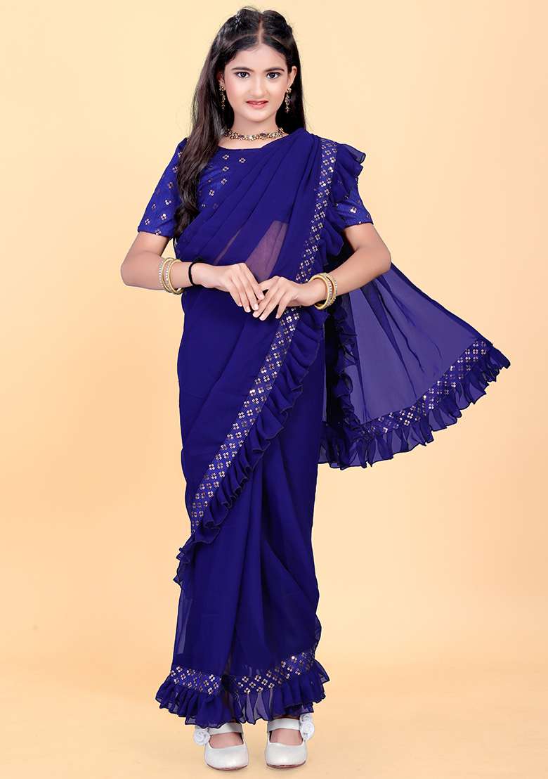 Navy Blue Embellished And Sequined Poly Blend Saree Set For Girls - Indya
