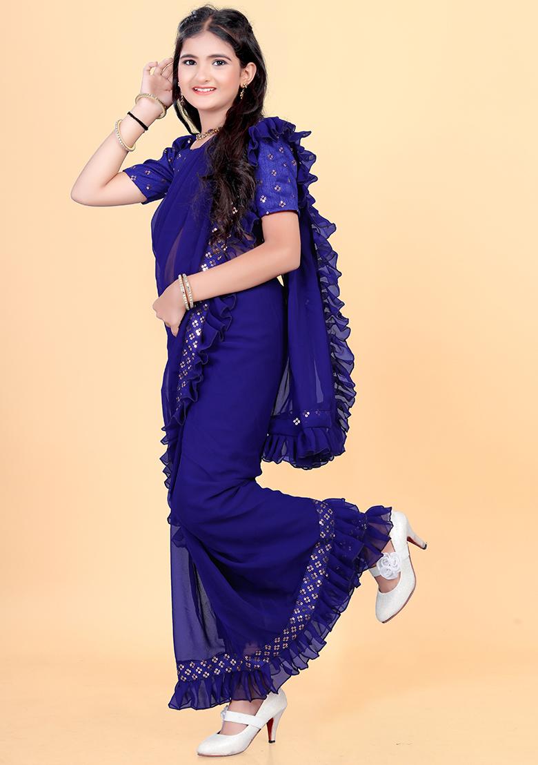 Navy Blue Embellished And Sequined Poly Blend Saree Set For Girls