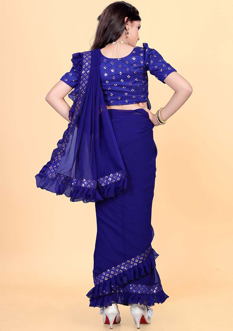 Navy Blue Embellished And Sequined Poly Blend Saree Set For Girls - Indya