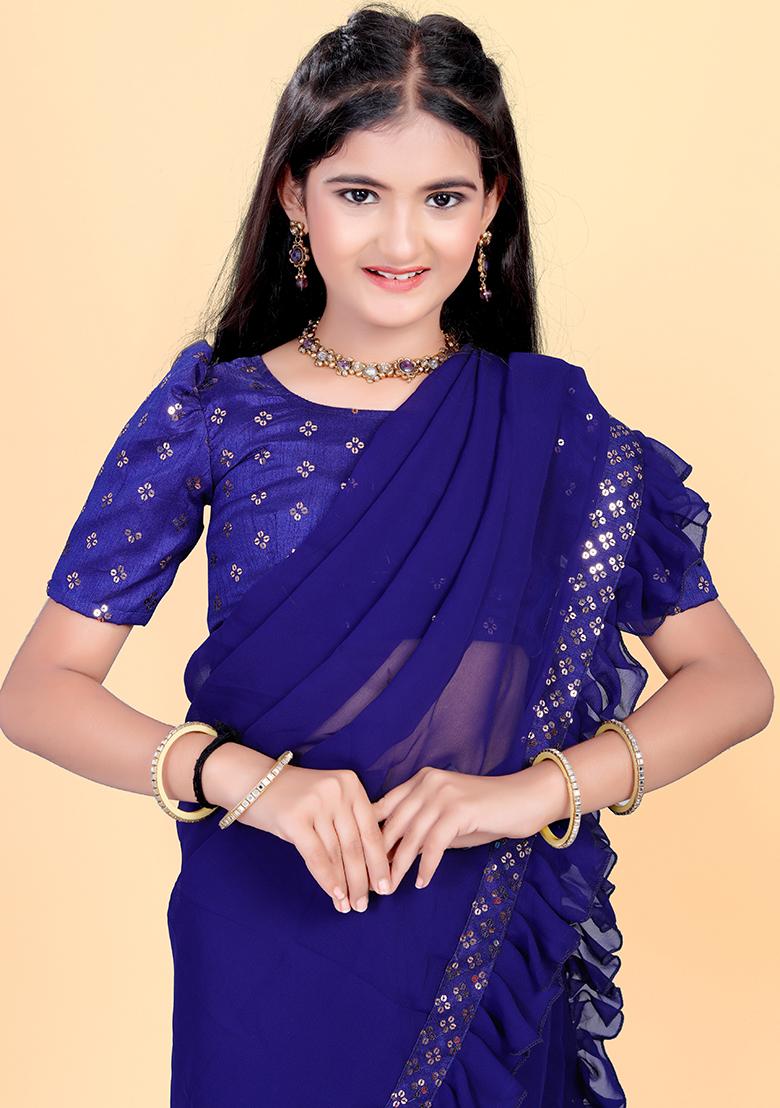 Navy Blue Embellished And Sequined Poly Blend Saree Set For Girls