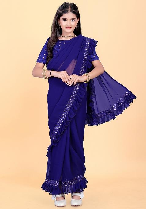 Navy Blue Embellished And Sequined Poly Blend Saree Set For Girls