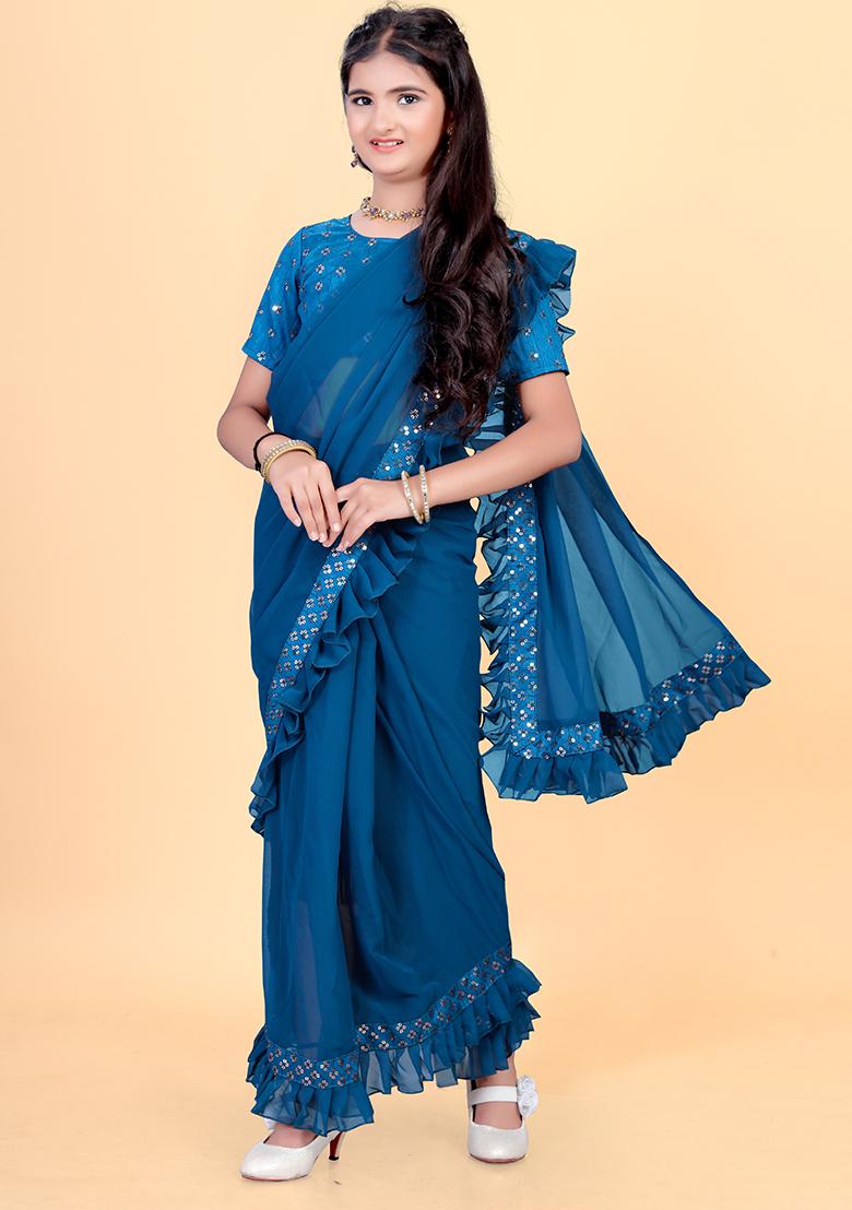 Teal Blue Embellished And Sequined Poly Blend Saree Set For Girls