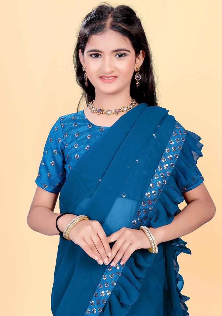 Teal Blue Embellished And Sequined Poly Blend Saree Set For Girls