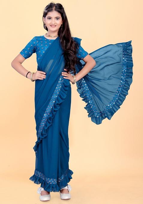 Teal Blue Embellished And Sequined Poly Blend Saree Set For Girls