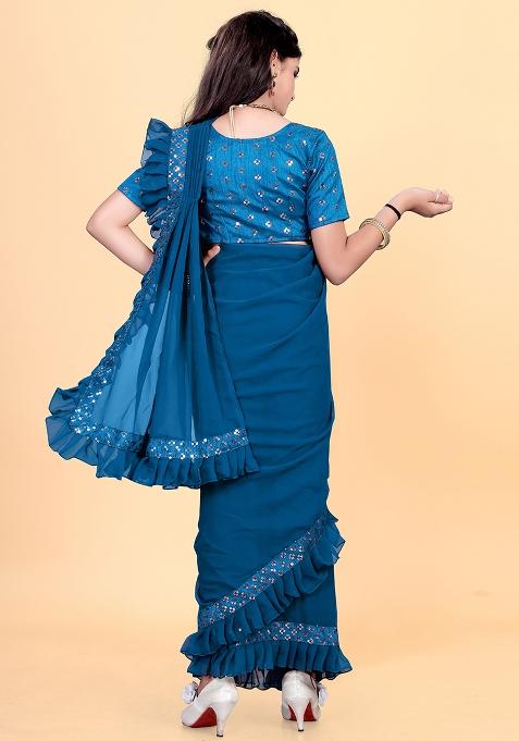 Teal Blue Embellished And Sequined Poly Blend Saree Set For Girls