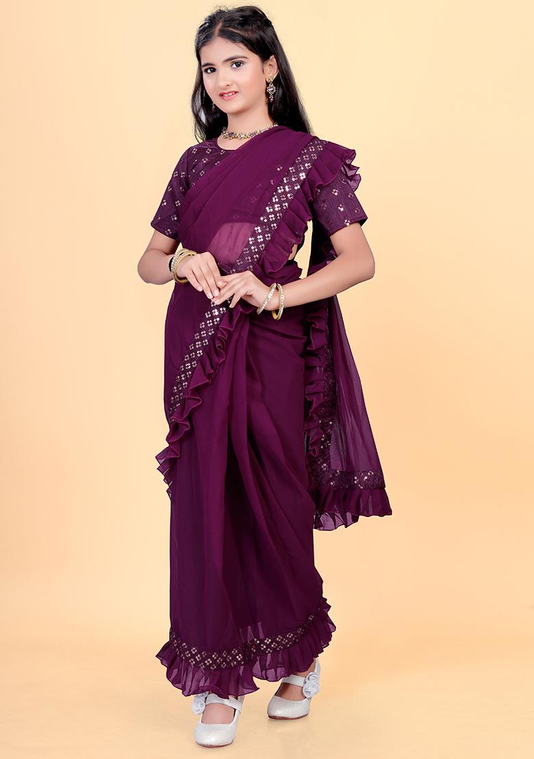 Purple Embellished And Sequined Poly Blend Saree Set For Girls