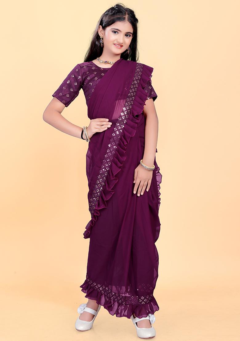Purple Embellished And Sequined Poly Blend Saree Set For Girls