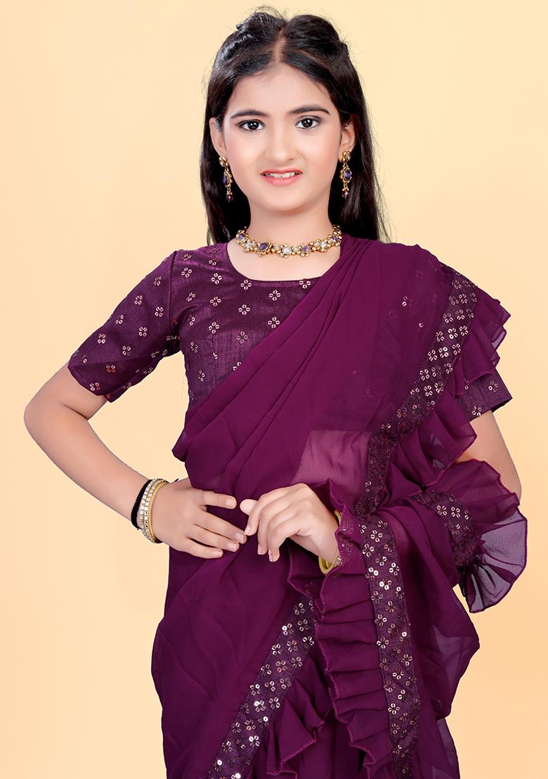Purple Embellished And Sequined Poly Blend Saree Set For Girls