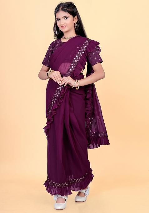 Purple Embellished And Sequined Poly Blend Saree Set For Girls