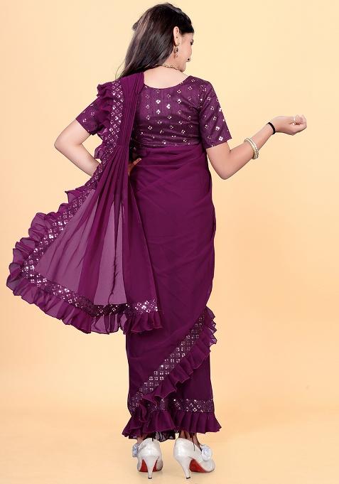 Purple Embellished And Sequined Poly Blend Saree Set For Girls