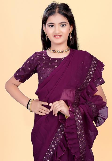 Purple Embellished And Sequined Poly Blend Saree Set For Girls