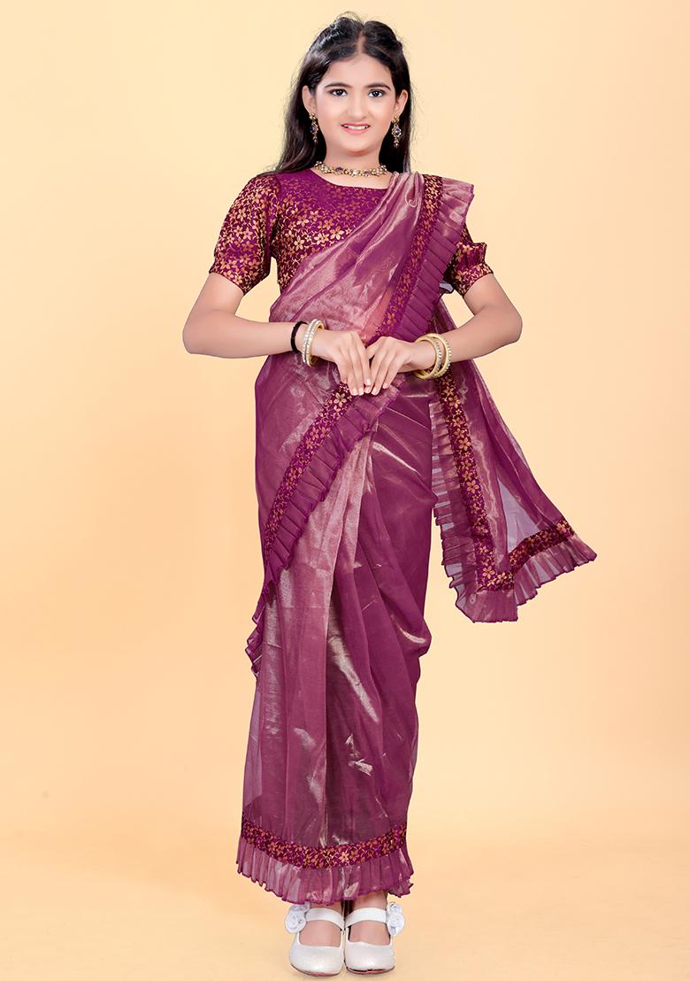 Purple Embellished And Sequined Poly Blend Saree Set For Girls