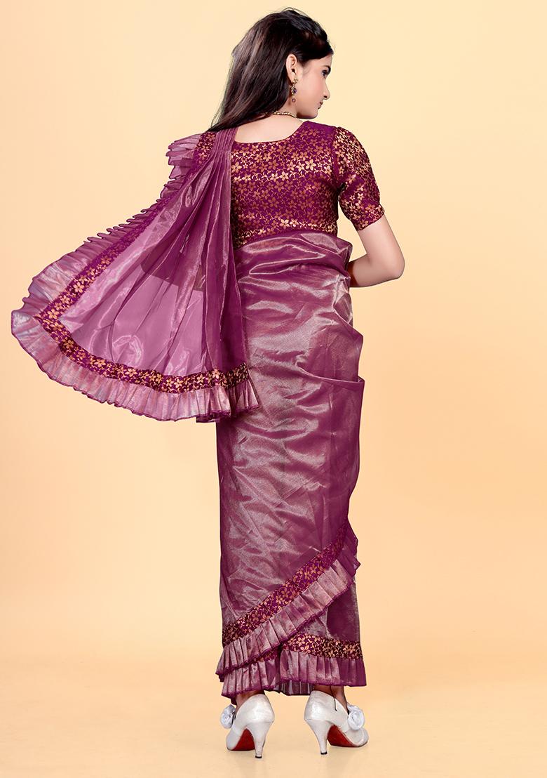 Purple Embellished And Sequined Poly Blend Saree Set For Girls