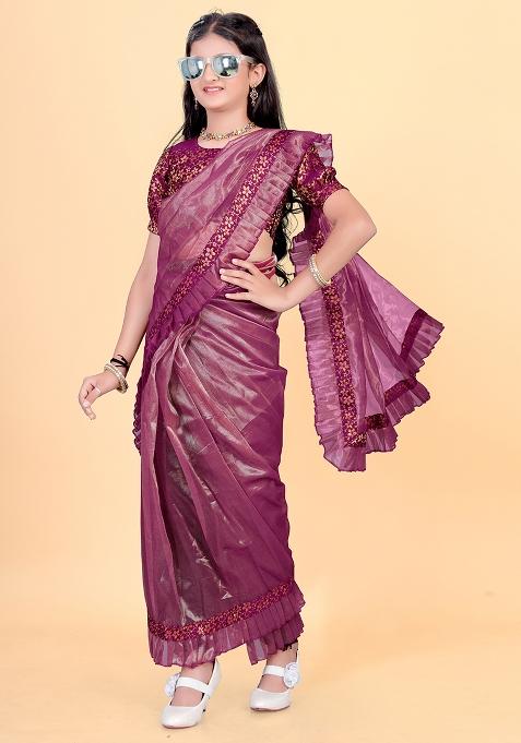 Purple Embellished And Sequined Poly Blend Saree Set For Girls
