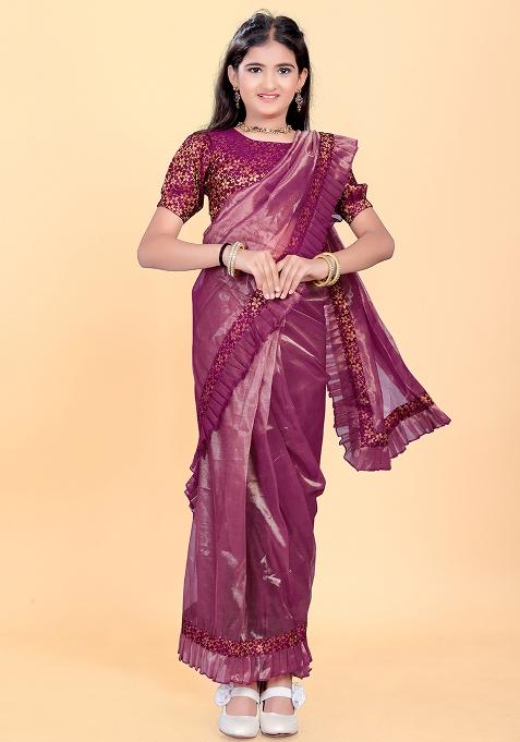 Purple Embellished And Sequined Poly Blend Saree Set For Girls