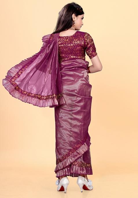 Purple Embellished And Sequined Poly Blend Saree Set For Girls