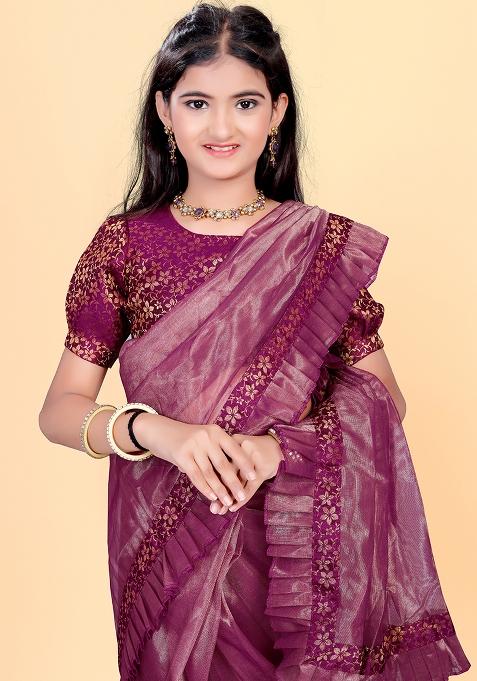 Purple Embellished And Sequined Poly Blend Saree Set For Girls