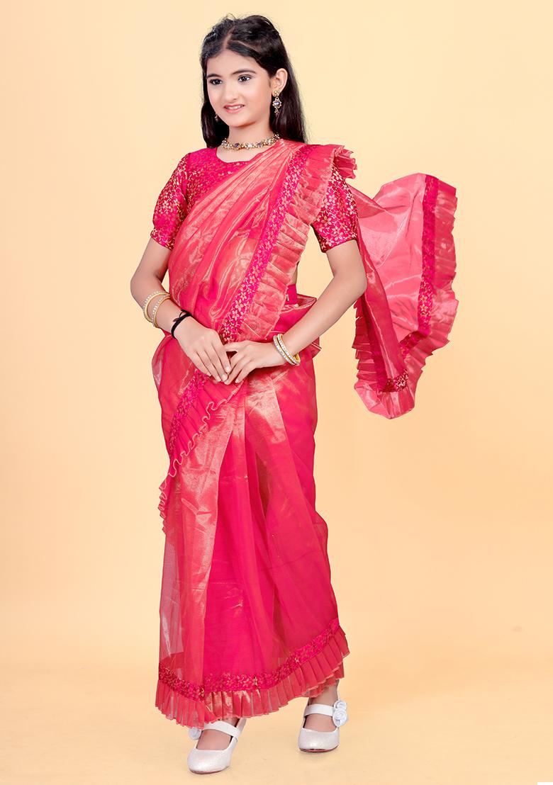 Pink Embellished And Sequined Poly Blend Saree Set For Girls