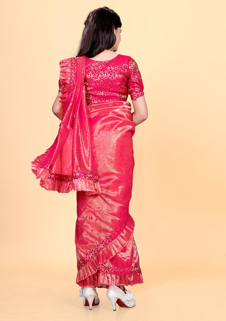 Pink Embellished And Sequined Poly Blend Saree Set For Girls