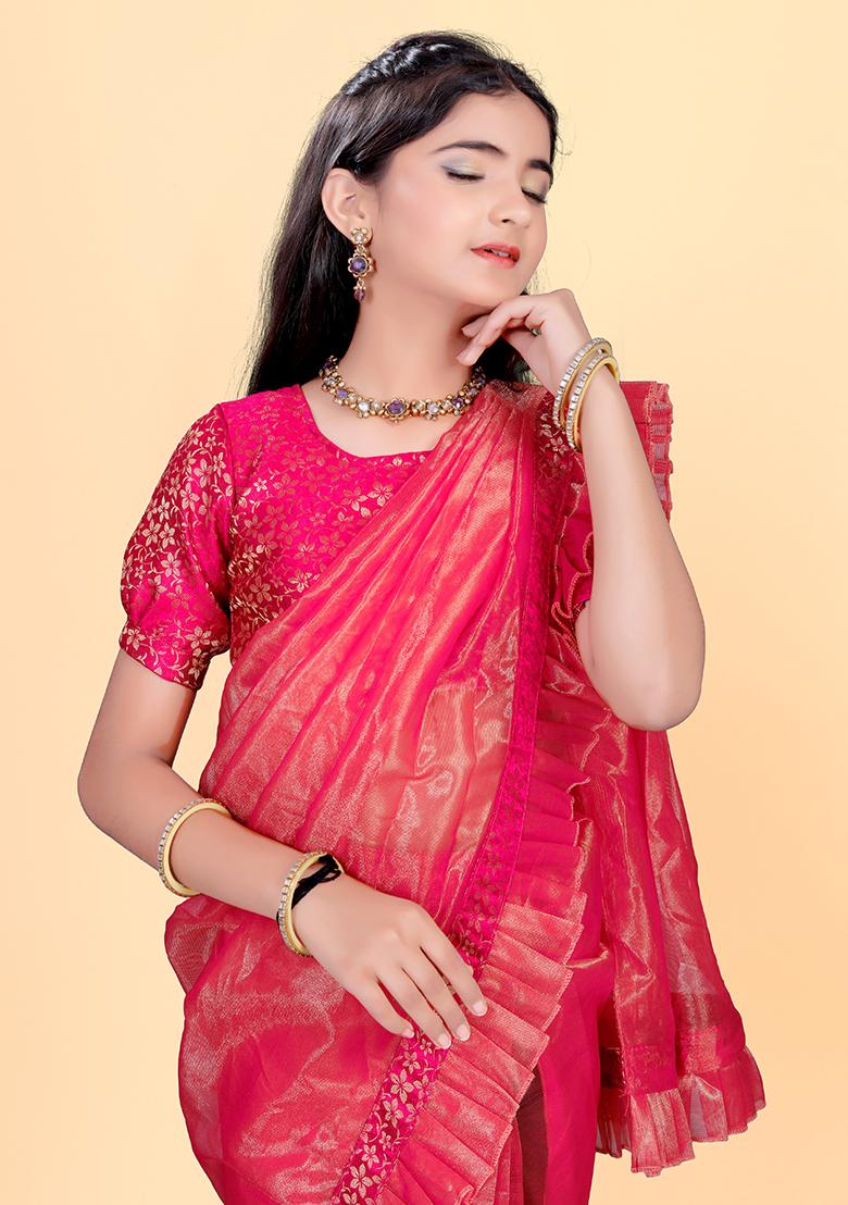 Pink Embellished And Sequined Poly Blend Saree Set For Girls