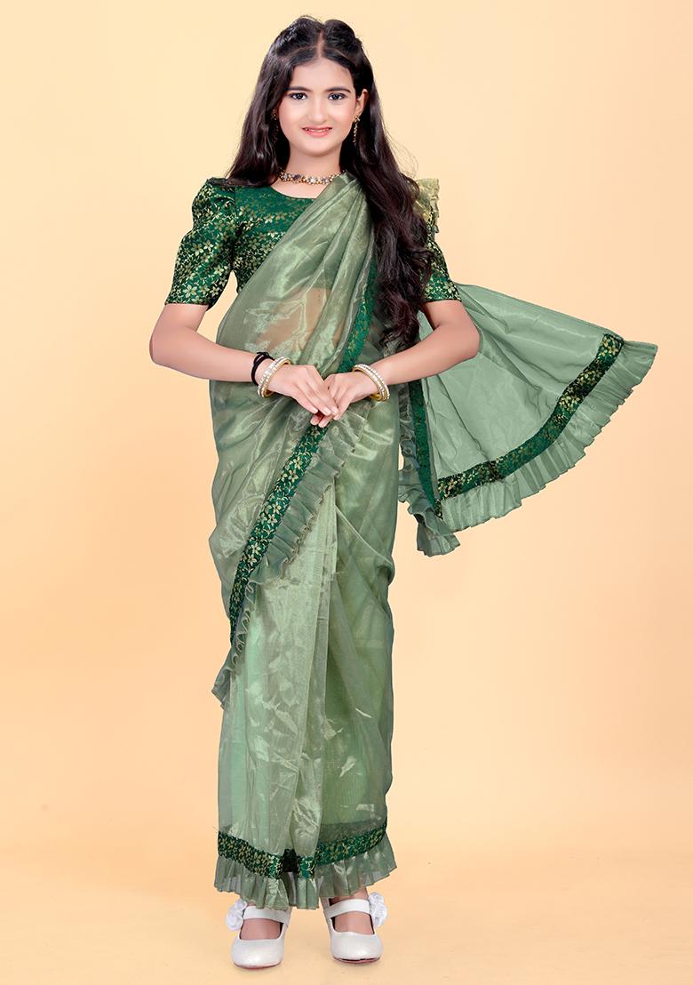 Green Embellished And Sequined Poly Blend Saree Set For Girls