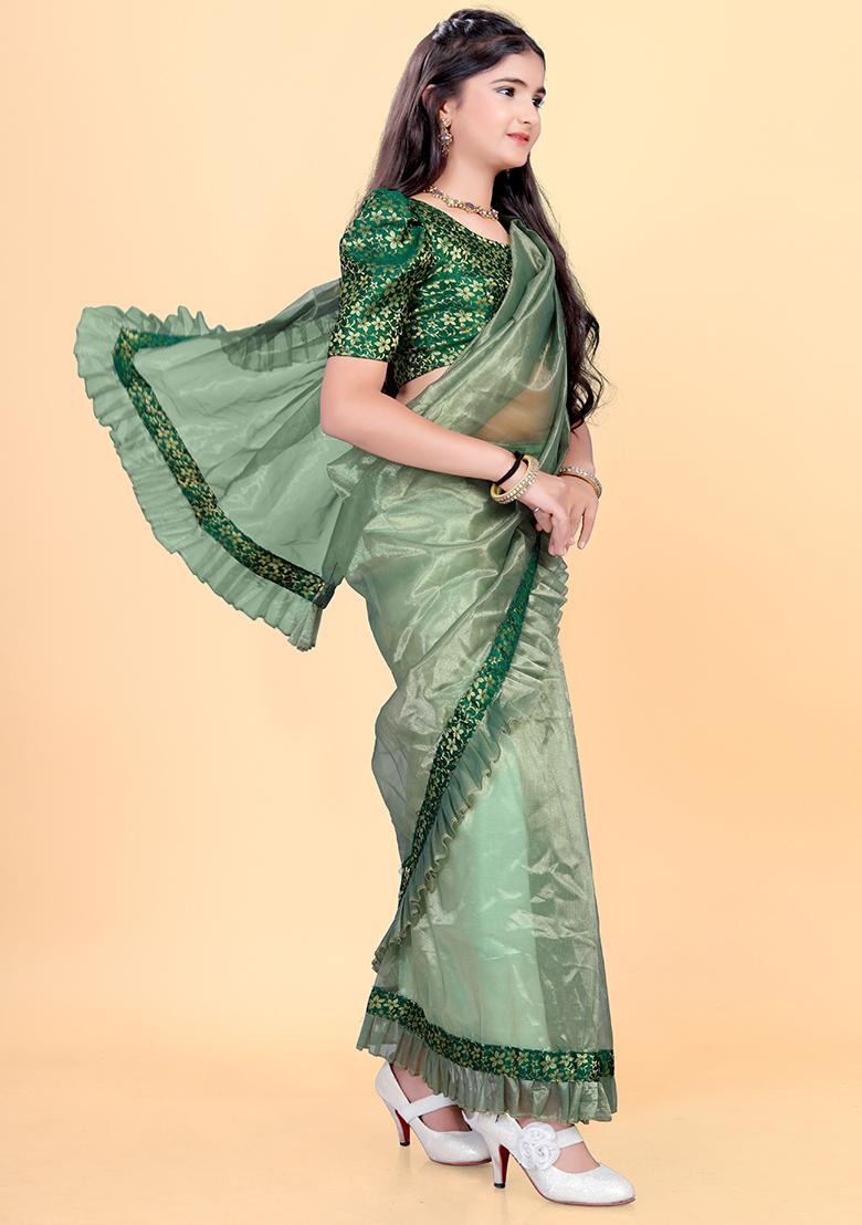 Green Embellished And Sequined Poly Blend Saree Set For Girls