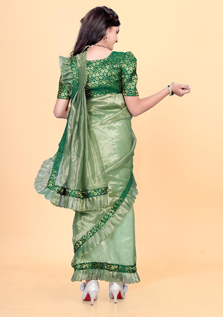Green Embellished And Sequined Poly Blend Saree Set For Girls