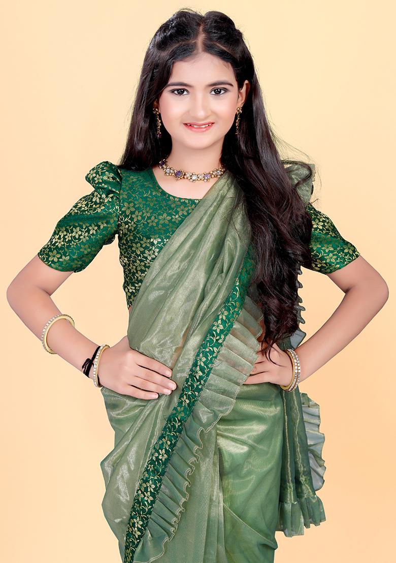 Green Embellished And Sequined Poly Blend Saree Set For Girls
