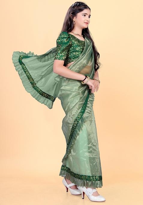 Green Embellished And Sequined Poly Blend Saree Set For Girls