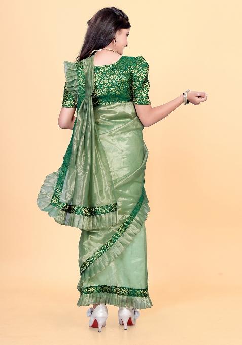 Green Embellished And Sequined Poly Blend Saree Set For Girls