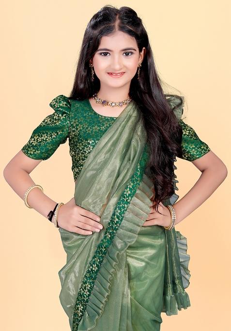 Green Embellished And Sequined Poly Blend Saree Set For Girls