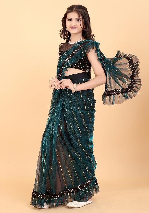 Green Embellished And Sequined Poly Blend Saree Set For Girls